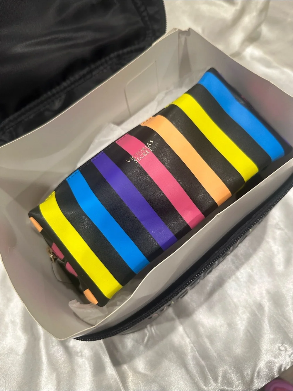 Victoria's Secret Black Cosmetic Train Case with Rainbow Stripe Pouch
